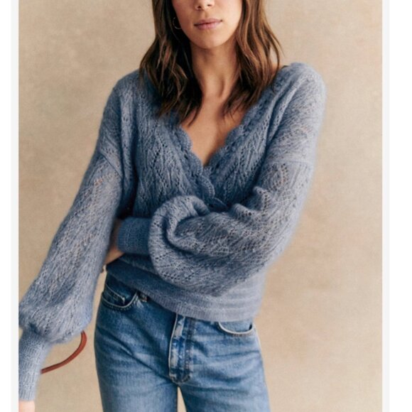 Sezane Nathalia Jumper XSmall Soft Blue Sweater V-Neck Wool French Causal - Picture 2 of 10